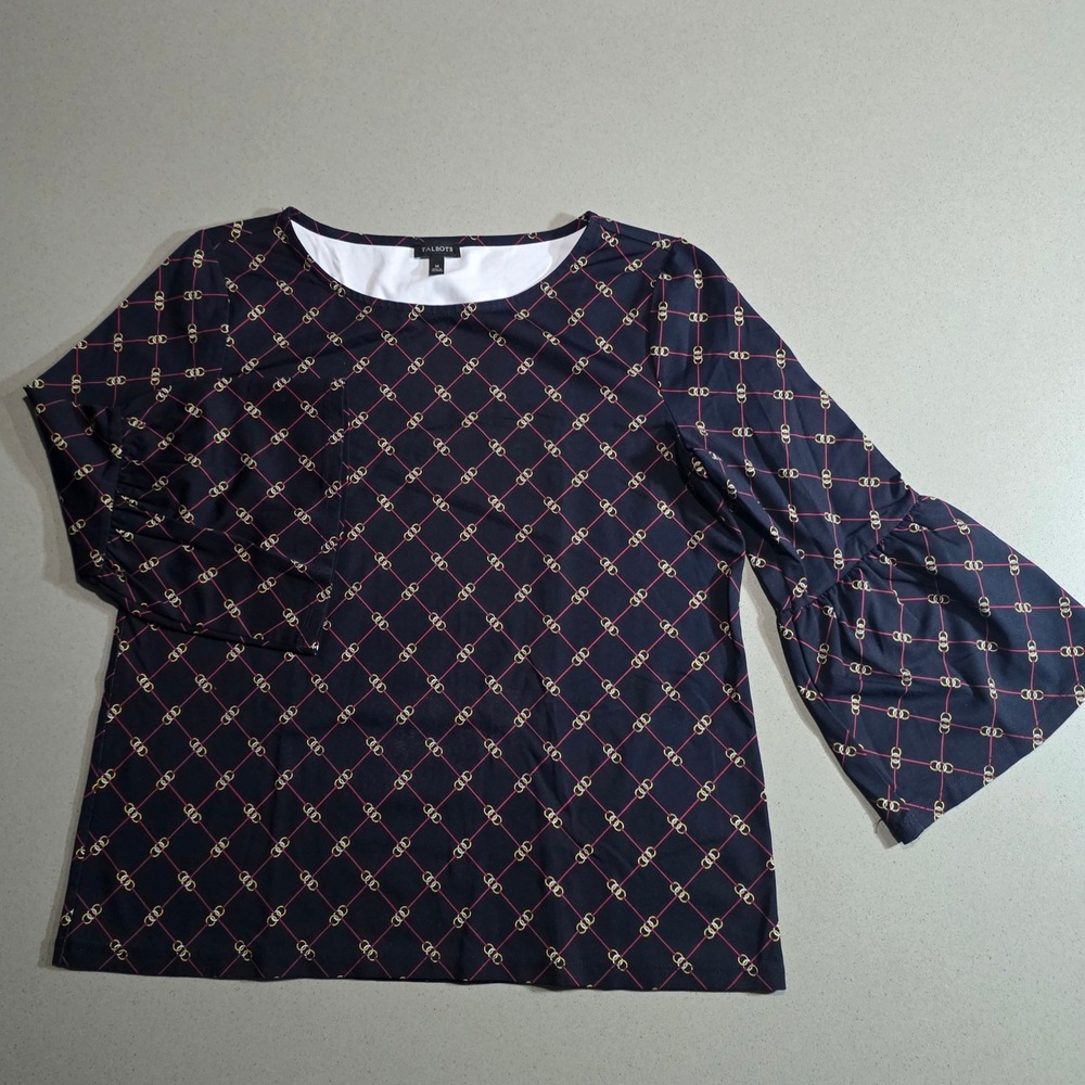 Talbots Navy Blue Chain Link Print Bell Sleeve Blouse Size M Geometric Knit Top